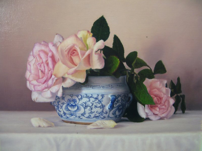 Roses with Ming Pot | Oil on gessoed board, 350mm x 300mm